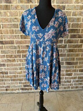 BROWNIE floral tiered babydoll mini dress blue casual summer style v-neck s-m